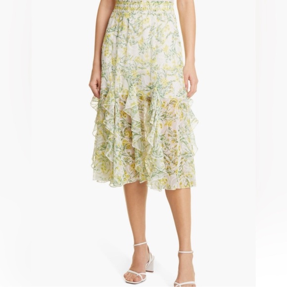 Alice + Olivia Yellow and Green Ruffled A-Line Midi Skirt - Picture 1 of 5